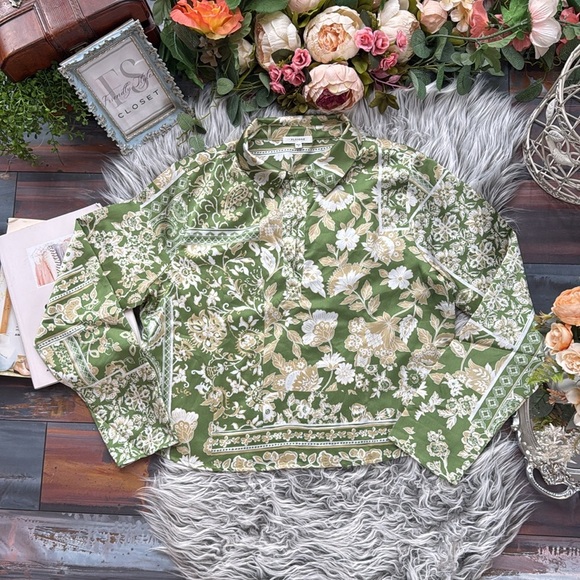 Nordstrom Deep Lime Silk-like Long Sleeve Patch Green Floral Blouse - Picture 4 of 13